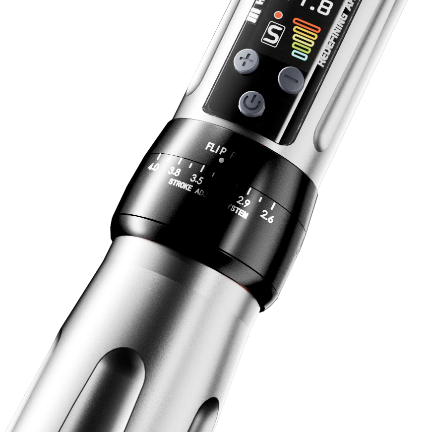 Professional tattoo kit with Bronc X2 Pen, BigWasp Cartridges, and Practice Skins.