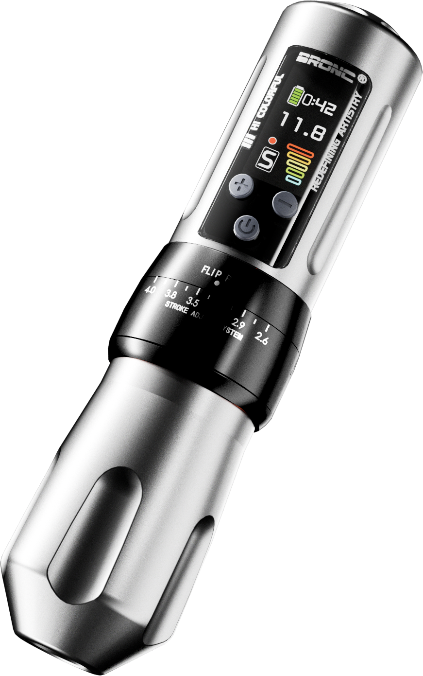 Professional tattoo kit with Bronc X2 Pen, BigWasp Cartridges, and Practice Skins.