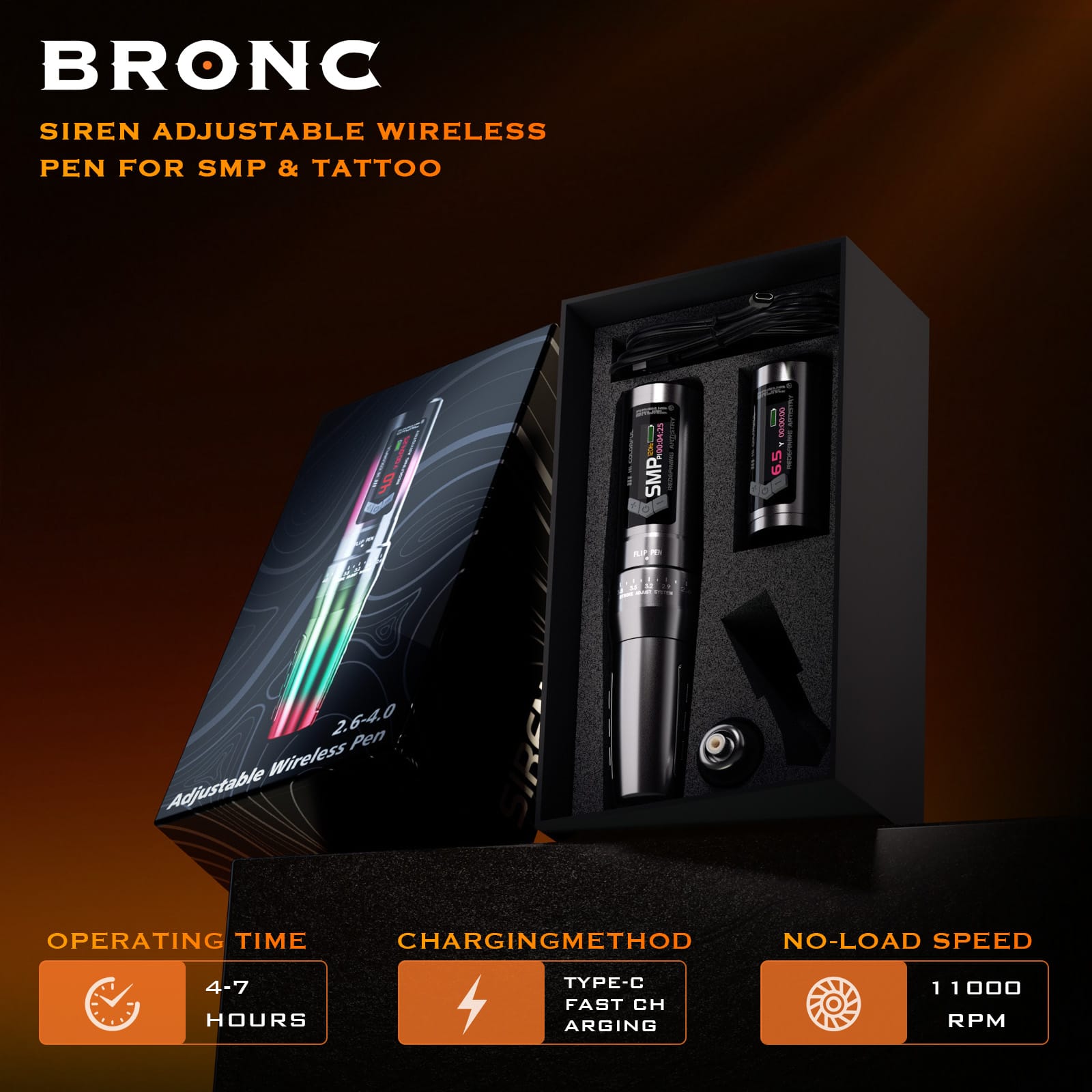 Bronc SIREN Adjustable Wireless Tattoo Pen SIREN Wireless Tattoo Pen for SMP | Adjustable Stroke & Lightweight Design
