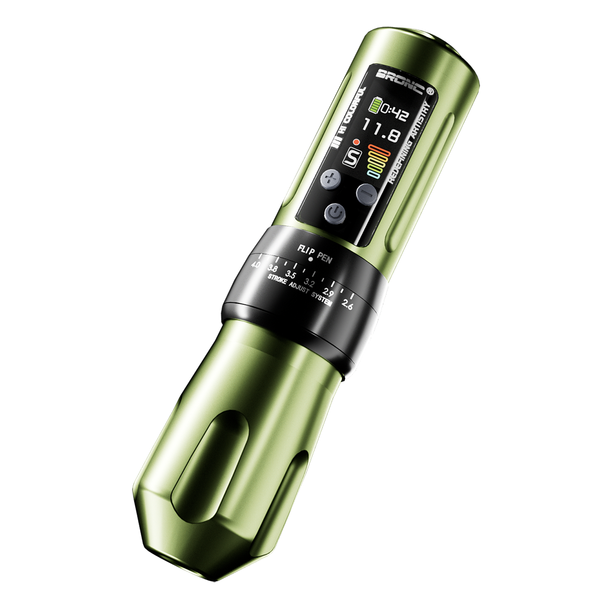 A black Bronc Tattoo Pen Machine X2 with a digital display and multiple settings buttons.