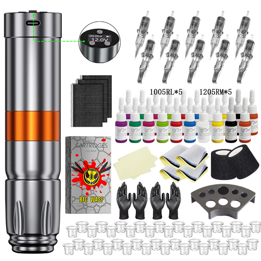 Professional tattoo kit featuring a V76 wireless tattoo pen, assorted cartridges, and essential accessories.