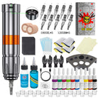 Professional tattoo kit featuring a V76 wireless tattoo pen, assorted cartridges, and essential accessories.