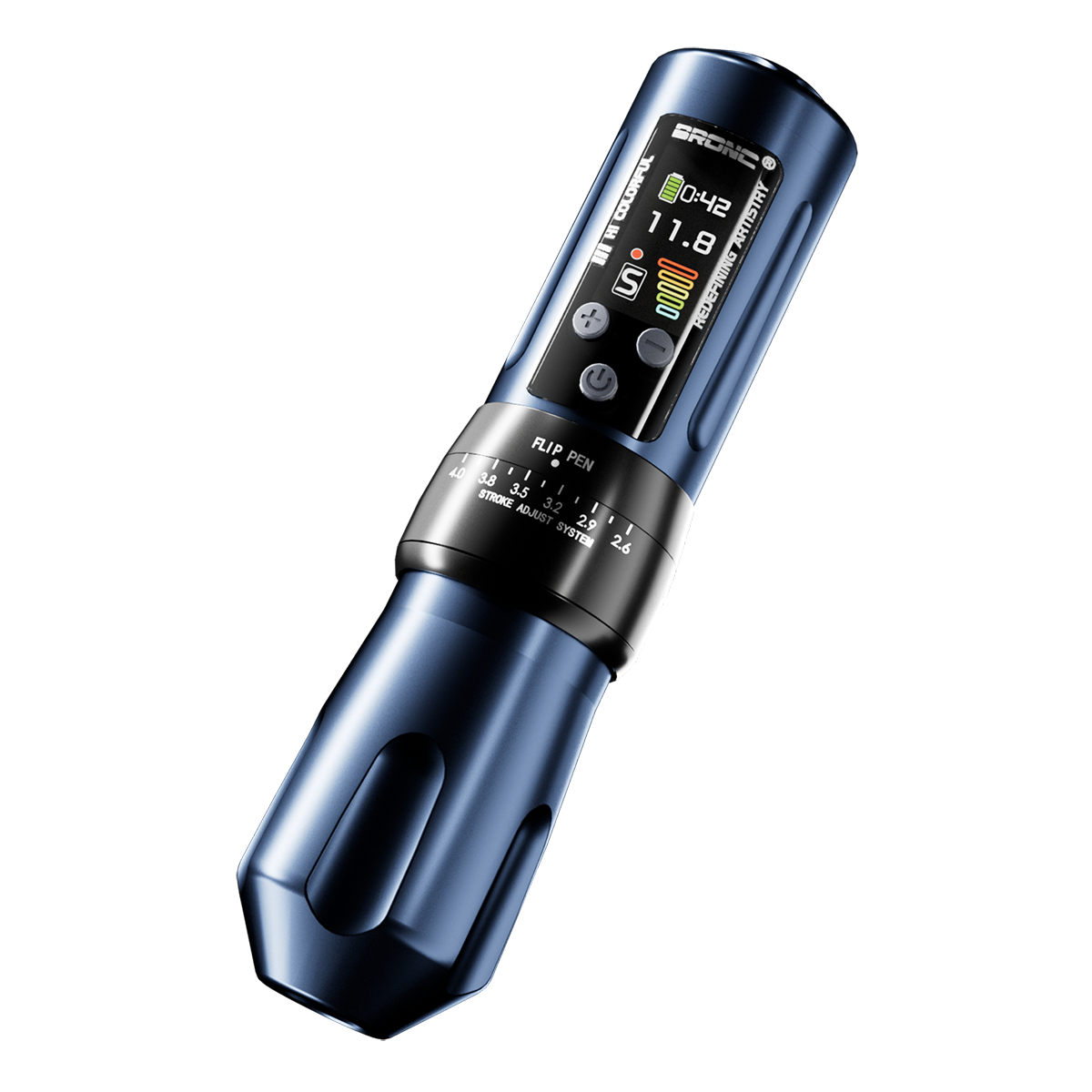 A black Bronc Tattoo Pen Machine X2 with a digital display and multiple settings buttons.