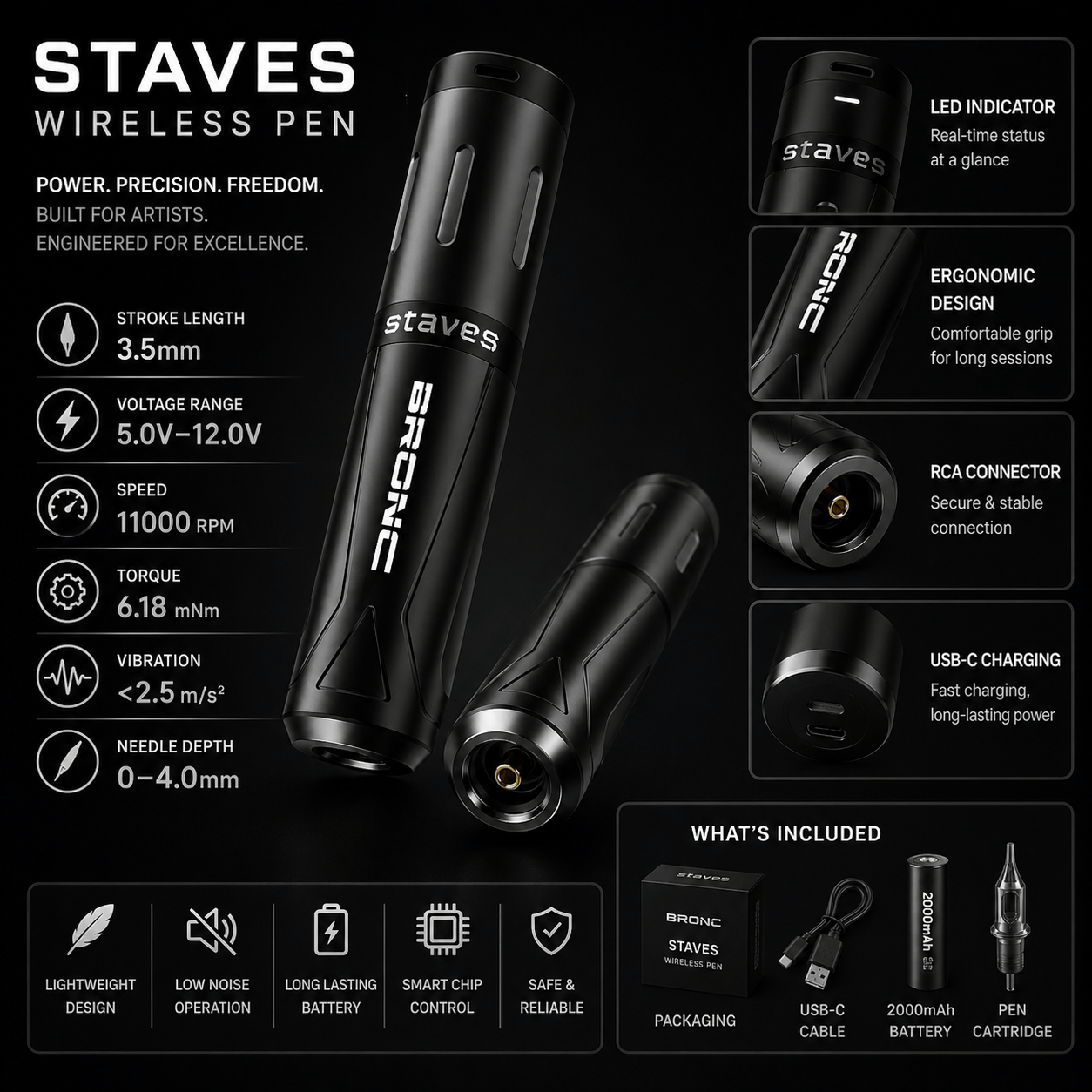 STAVES Wireless Tattoo Pen 3.5mm Stroke STAVES Wireless Tattoo Pen 3.5mm Stroke Balanced Performance Machine