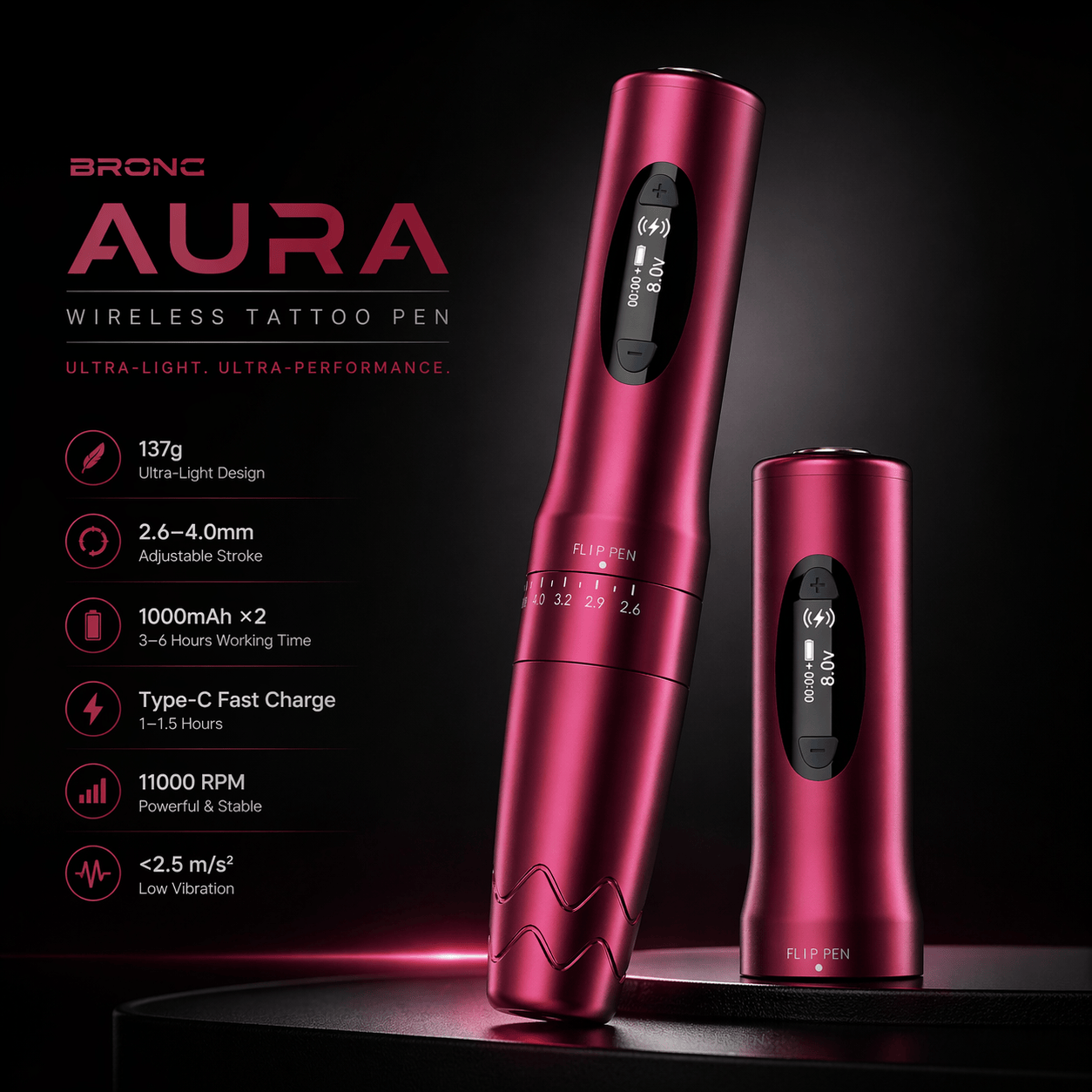 BRONC AURA Wireless Tattoo Pen – Ultra-Light 137g Adjustable Machine AURA Wireless Tattoo Pen 137g | Lightweight Adjustable Tattoo Machine