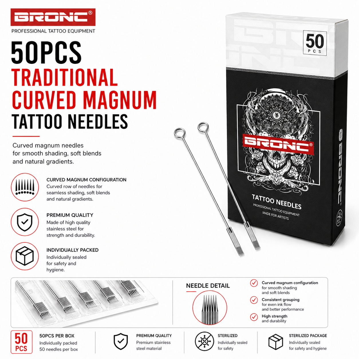 BRONC 50pcs Traditional Curved Magnum Tattoo Needles