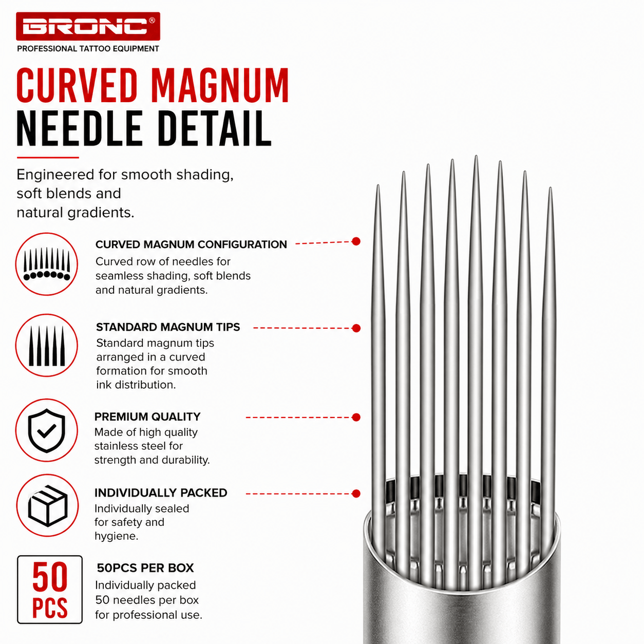 BRONC 50pcs Traditional Curved Magnum Tattoo Needles BRONC Curved Magnum Tattoo Needles 50PCS Precision Shading Needles