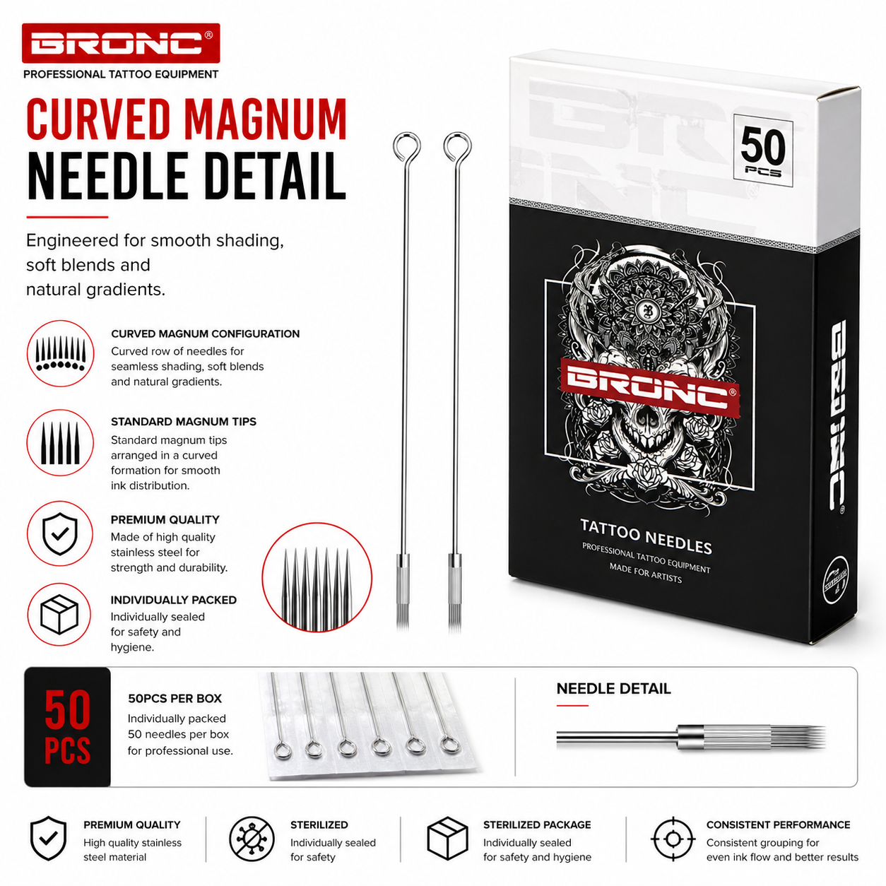 BRONC 50pcs Traditional Curved Magnum Tattoo Needles
