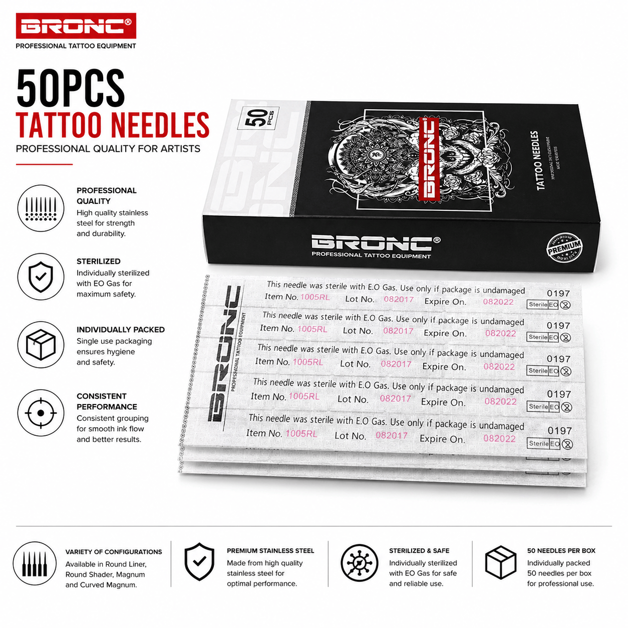 BRONC 50pcs Traditional Round Liner Tattoo Needles BRONC Round Liner Tattoo Needles 50PCS Precision Lining Needles