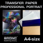 Pack of Bronc transfer paper for tattoo stencils, showing a sample image of a colored artistic portrait on the front cover, and the product name and size 'TRANSFER PAPER PROFESSIONAL PORTRAIT A4-size' displayed.