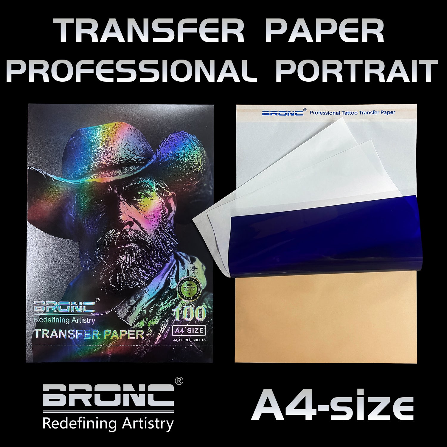 Pack of Bronc transfer paper for tattoo stencils, showing a sample image of a colored artistic portrait on the front cover, and the product name and size 'TRANSFER PAPER PROFESSIONAL PORTRAIT A4-size' displayed.