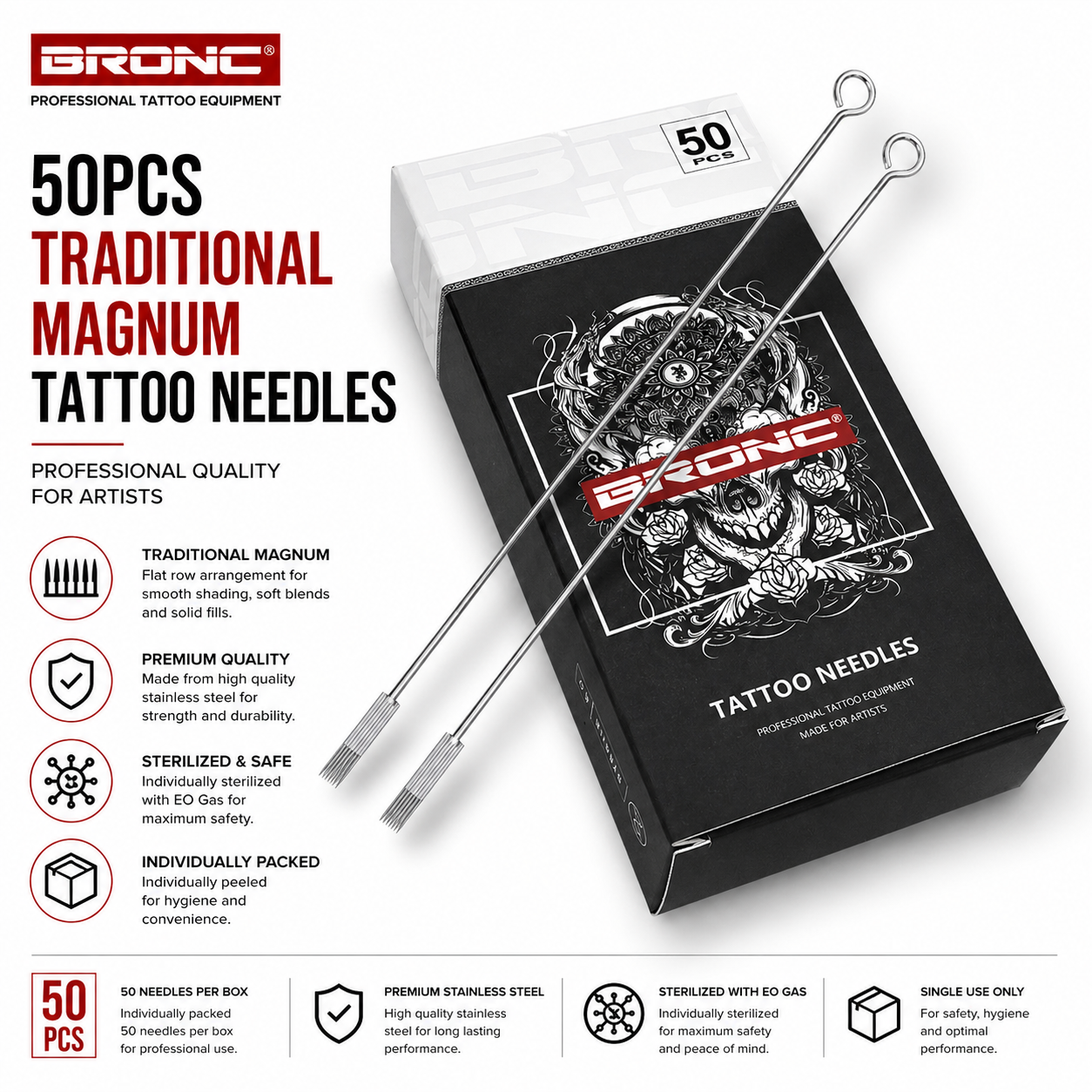 BRONC 50pcs Traditional Magnum Tattoo Needles