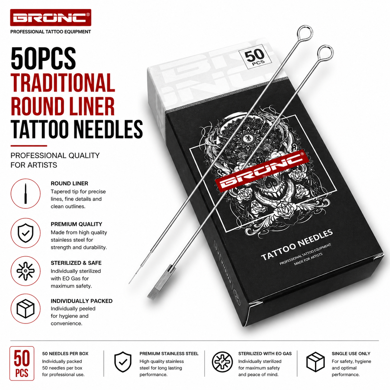 BRONC 50pcs Traditional Round Shader Tattoo Needles