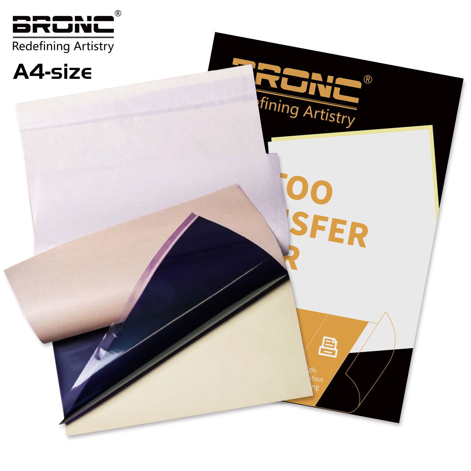 A pack of Bronc Tattoo Stencil Paper, with individual sheets displayed, showcasing the A4-size and the product's thickness.