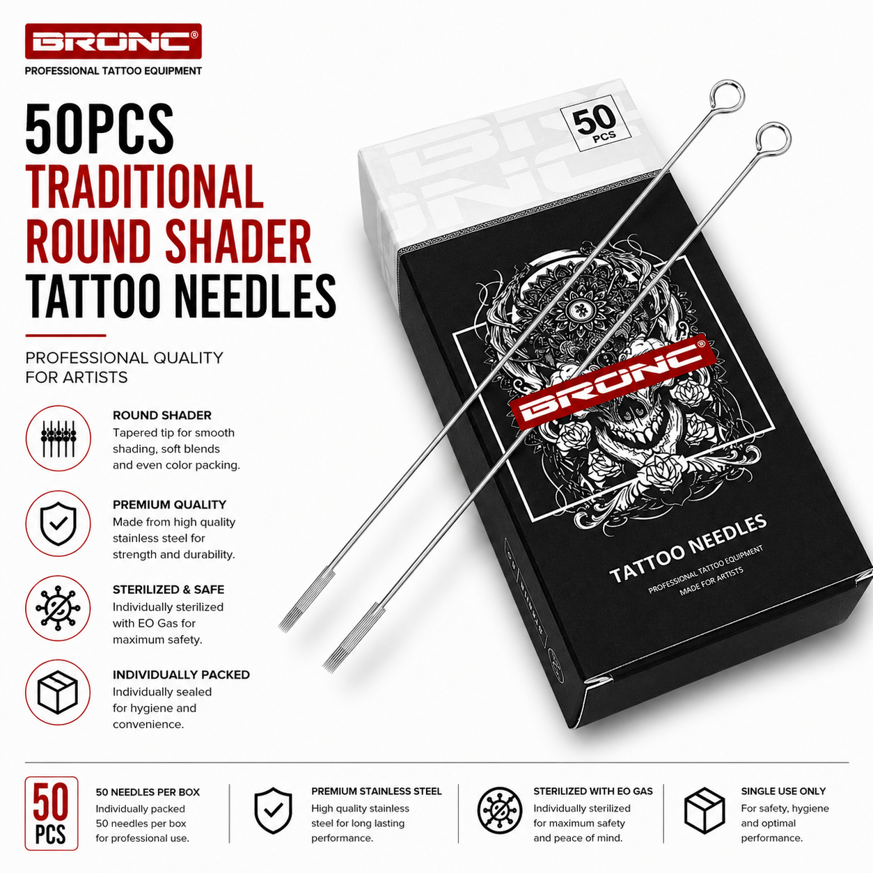 BRONC 50pcs Traditional Round Shader Tattoo Needles