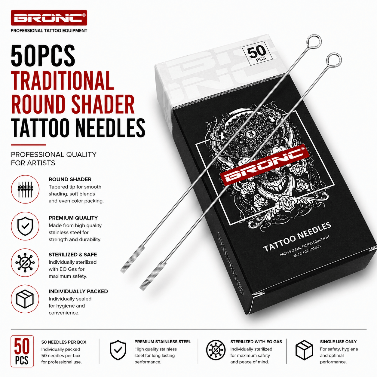 BRONC 50pcs Traditional Round Shader Tattoo Needles BRONC Curved Round Shader Tattoo Needles 50PCS Precision Shading