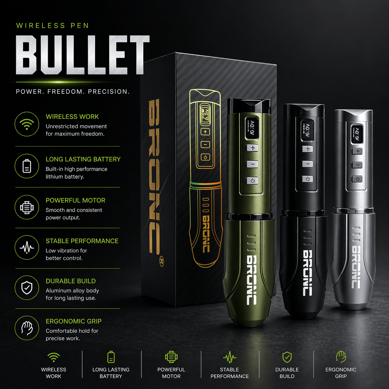 Bronc BULLET Wireless Tattoo Machine BULLET Wireless Tattoo Pen 3.5mm Stroke Stable Performance Machine