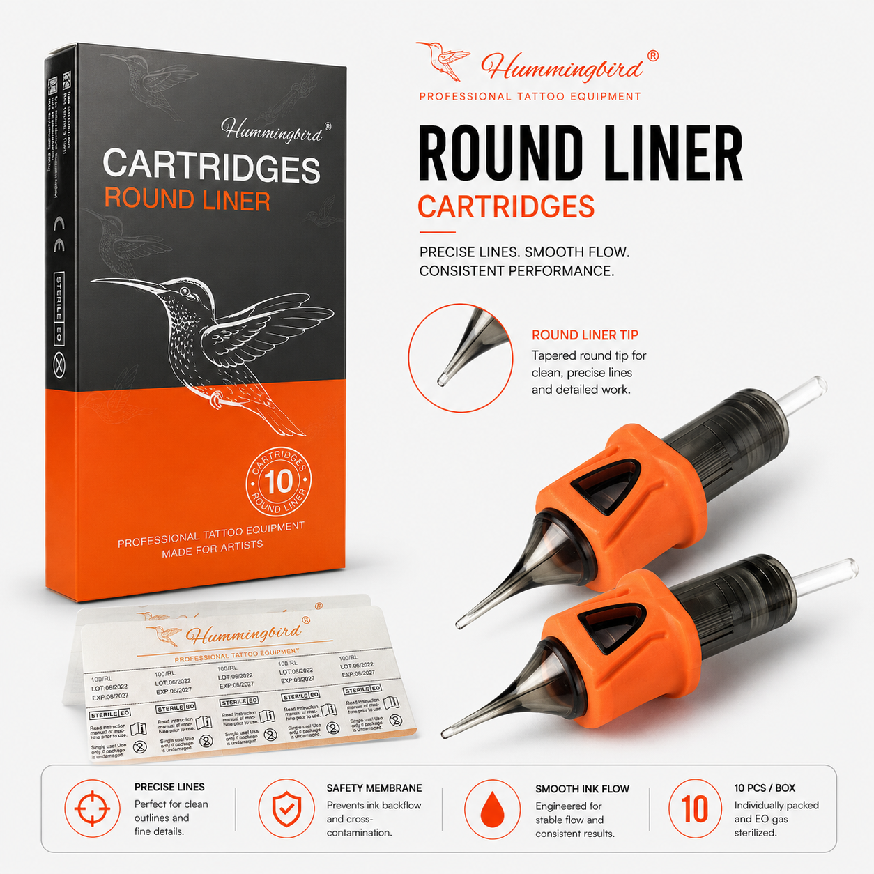 Hummingbird round liner tattoo cartridges with packaging on a white background