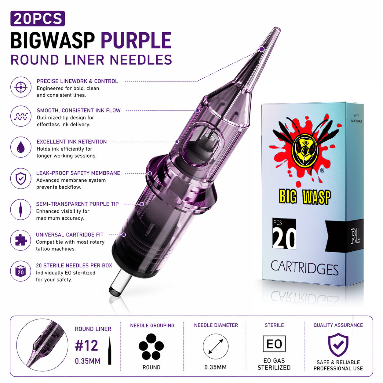 BigWasp purple round liner needles with packaging on a white background