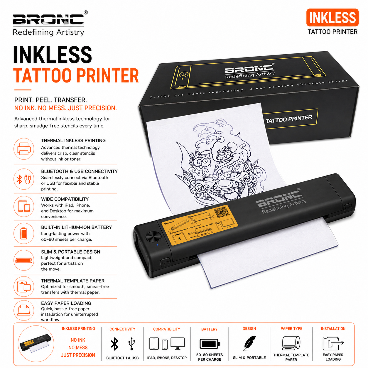 Bronc Inkless Tattoo Printer with packaging and features displayed