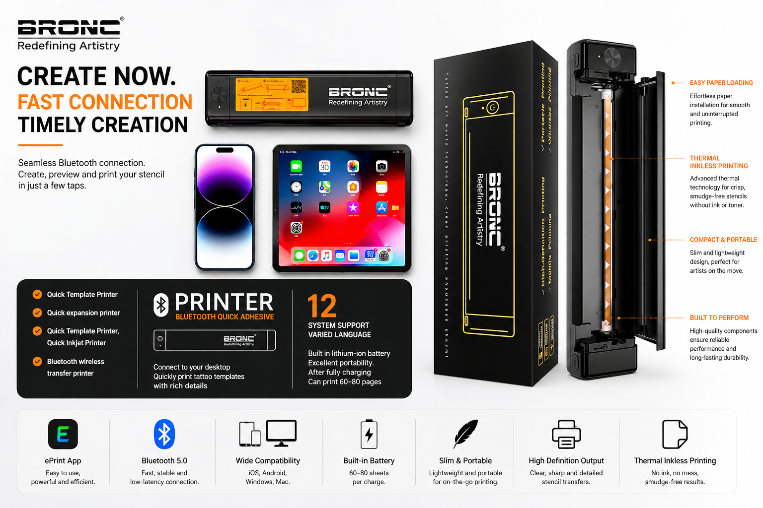 Brone printer packaging with features and specifications on a white background