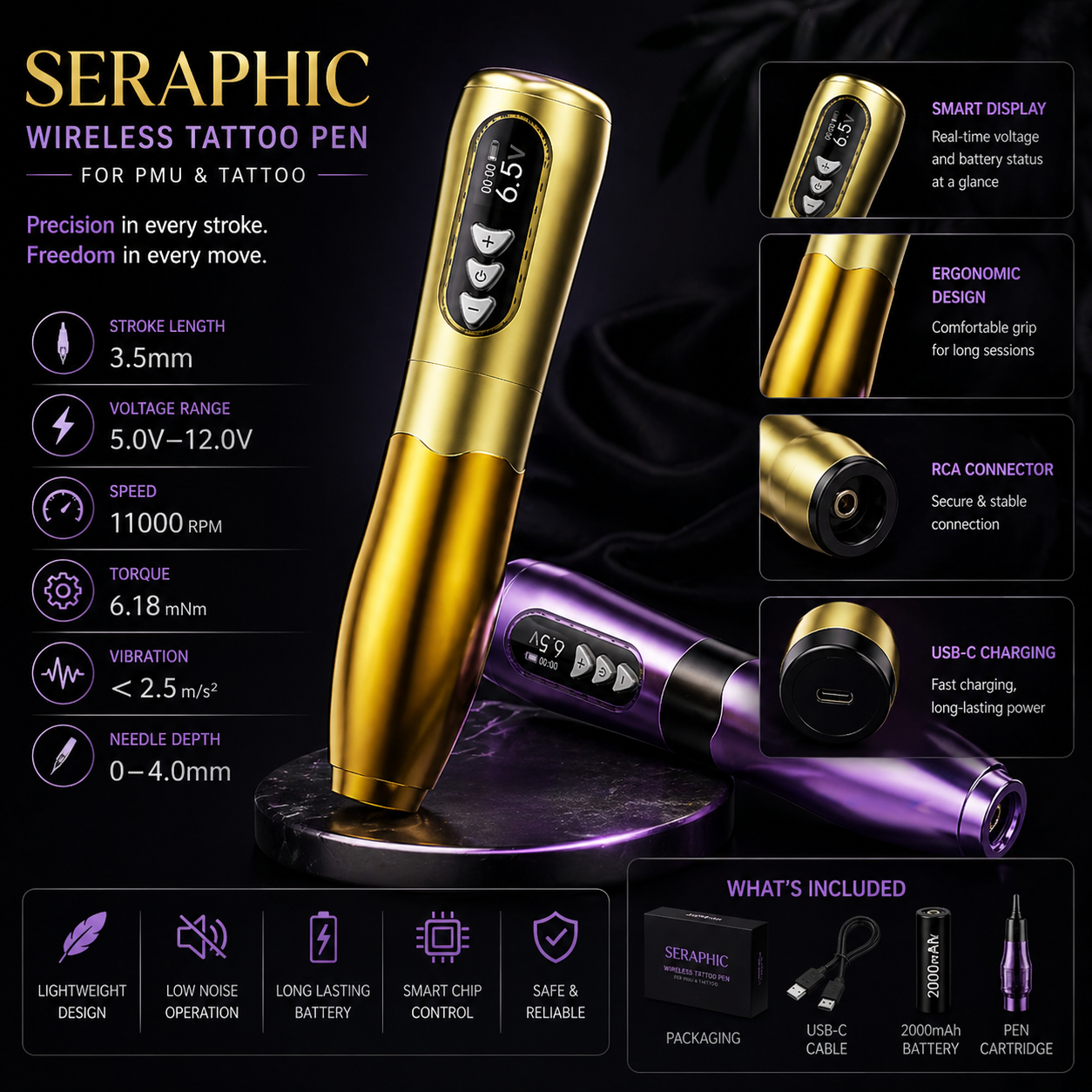 Bronc Seraphic wireless tattoo pen with specifications on a dark background