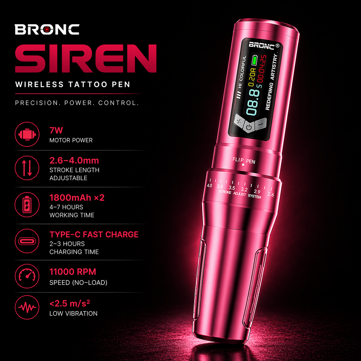 Bronc SIREN Adjustable Wireless Tattoo Pen SIREN Wireless Tattoo Pen for SMP | Adjustable Stroke & Lightweight Design