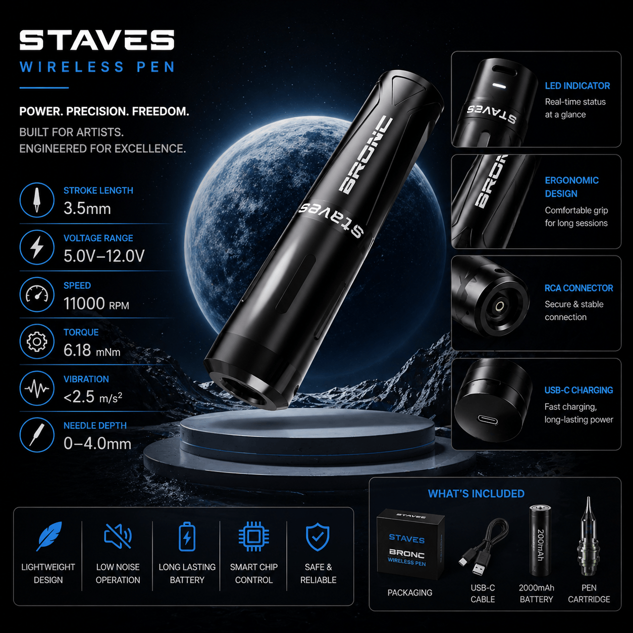 STAVES Wireless Tattoo Pen 3.5mm Stroke STAVES Wireless Tattoo Pen 3.5mm Stroke Balanced Performance Machine