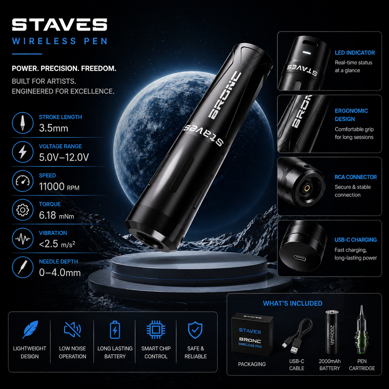 Staves wireless pen with specifications and features displayed on a dark background