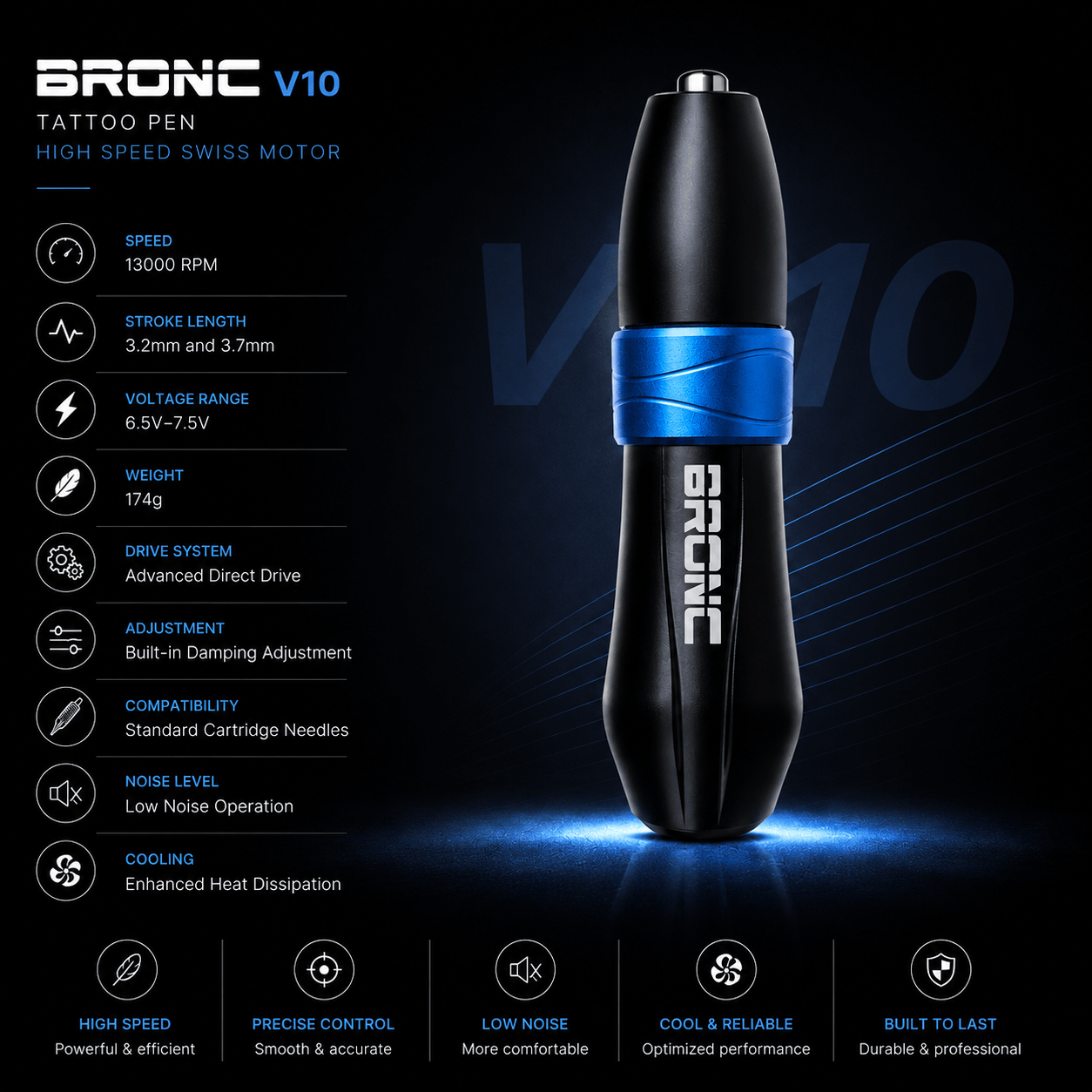 BRONC V10 Tattoo Pen High Speed Swiss Motor BRONC V10 Tattoo Pen High Speed Swiss Motor Quiet Professional Machine