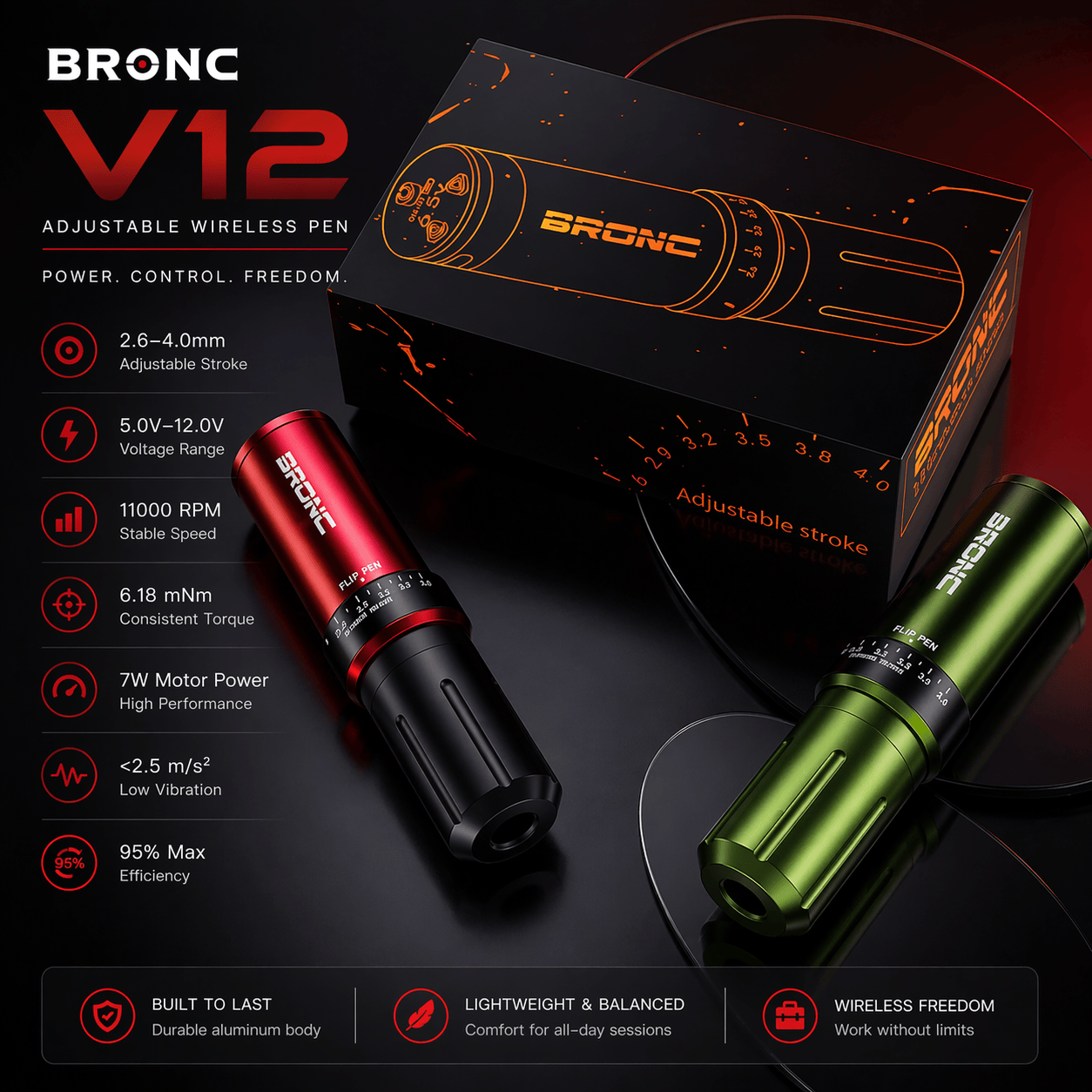 BRONC Tattoo Pen Machine Max V12 BRONC V12 Wireless Tattoo Pen Adjustable Stroke Long Battery Machine