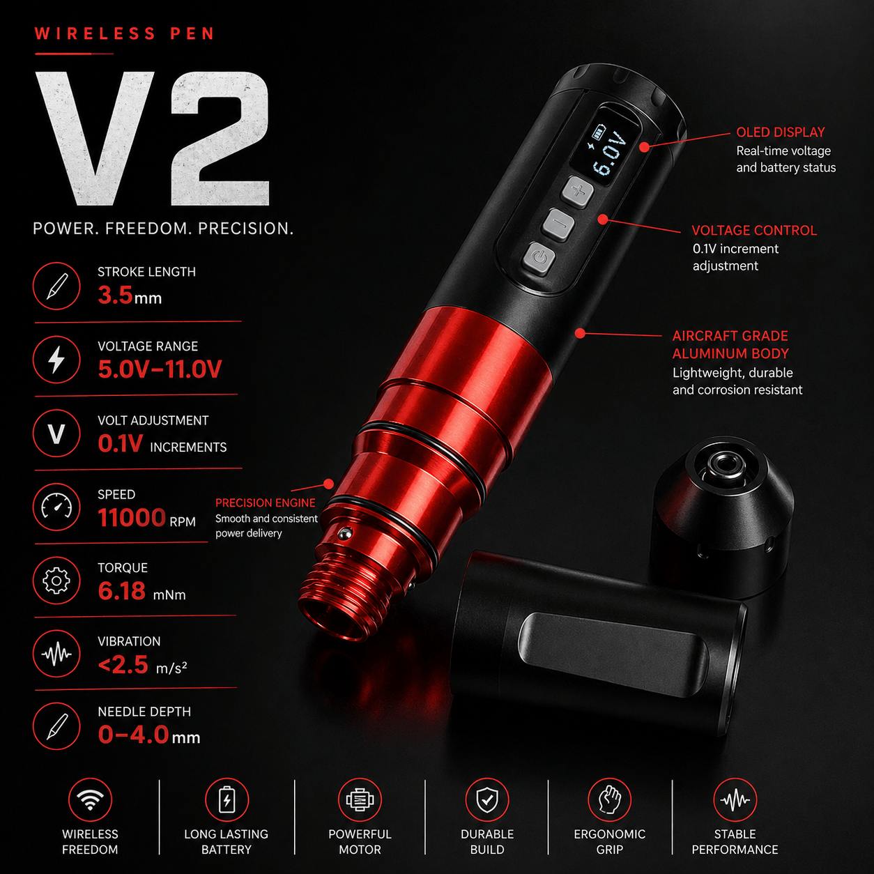 BRONC V2 Wireless Tattoo Pen 3.5mm Stroke BRONC V2 Wireless Tattoo Pen 3.5mm Stroke Balanced Performance Machine