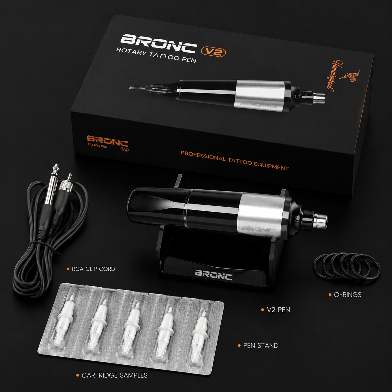 Bronc rotary tattoo pen set with packaging and accessories on a dark background