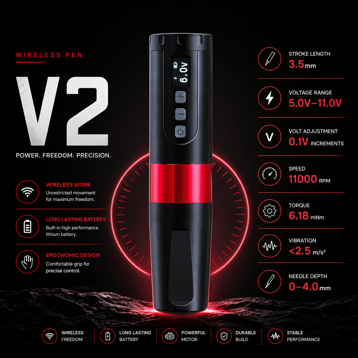 BRONC V2 Wireless Tattoo Pen 3.5mm Stroke BRONC V2 Wireless Tattoo Pen 3.5mm Stroke Balanced Performance Machine