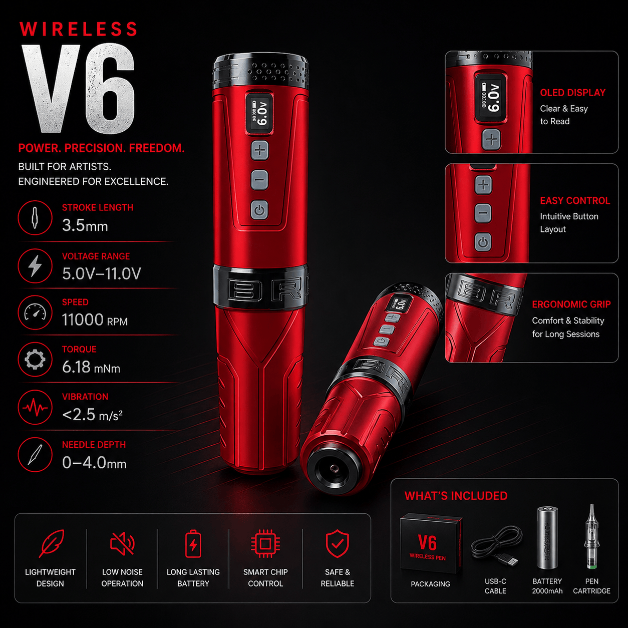 V6 Wireless Tattoo Pen 3.5mm Stroke Balanced Performance BRONC V6 Wireless Tattoo Pen 3.5mm Stroke Balanced Performance Machine