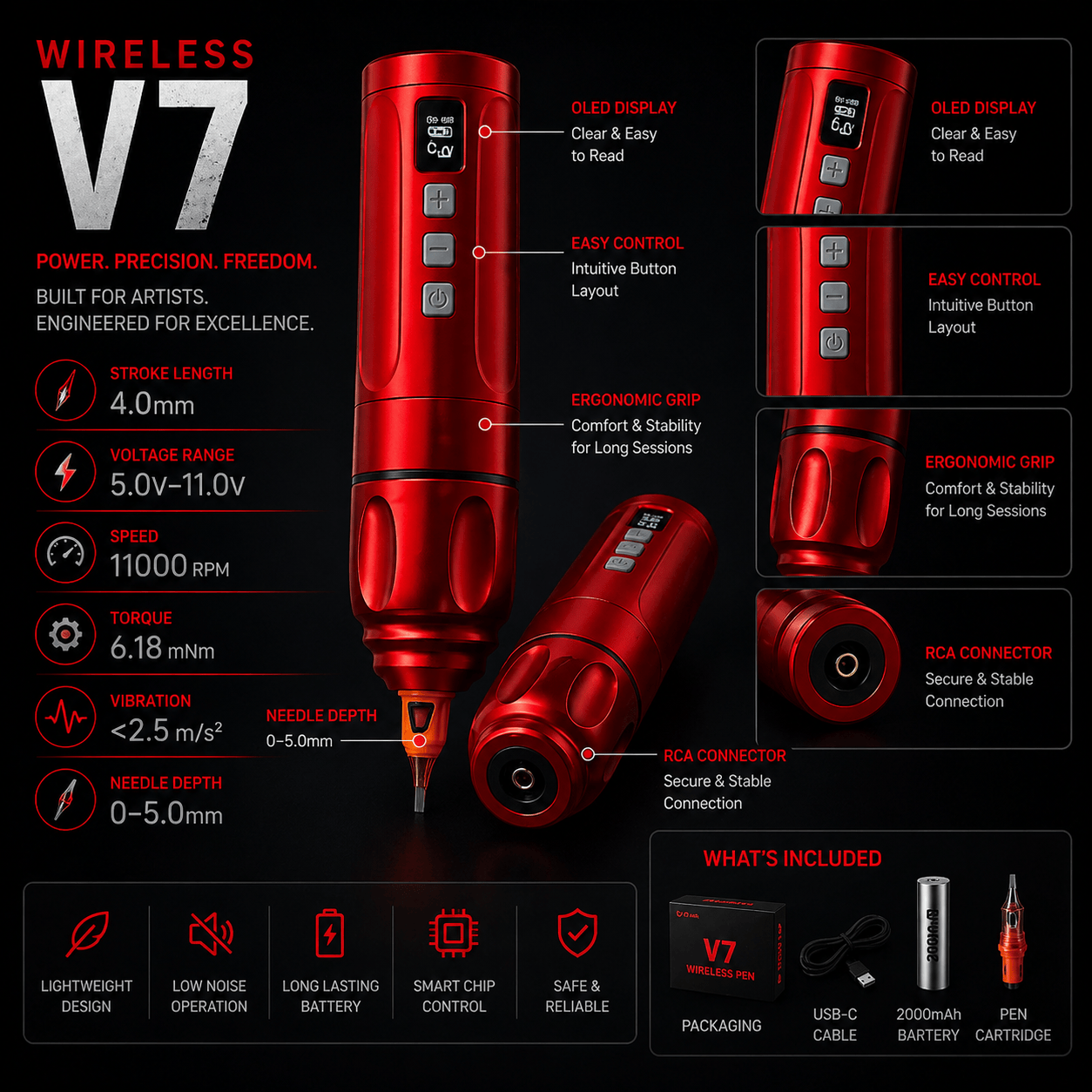 BRONC V7 Wireless Tattoo Pen Lightweight 4.0mm Stroke Machine BRONC V7 Wireless Tattoo Pen Lightweight 4.0mm Stroke Machine