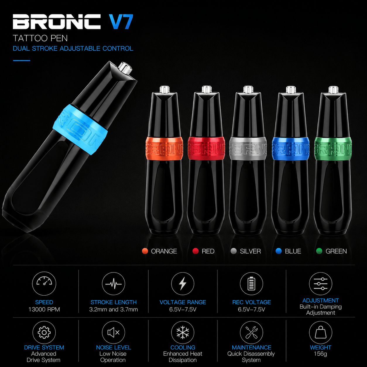BRONC V7 Tattoo Pen Dual Stroke Adjustable Control BRONC V7 Tattoo Pen Dual Stroke Adjustable Control Swiss Motor Machine