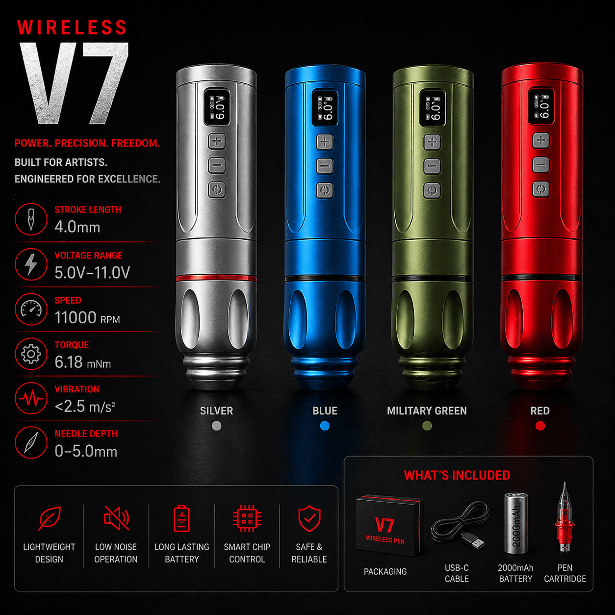 BRONC V7 Wireless Tattoo Pen Lightweight 4.0mm Stroke Machine BRONC V7 Wireless Tattoo Pen Lightweight 4.0mm Stroke Machine