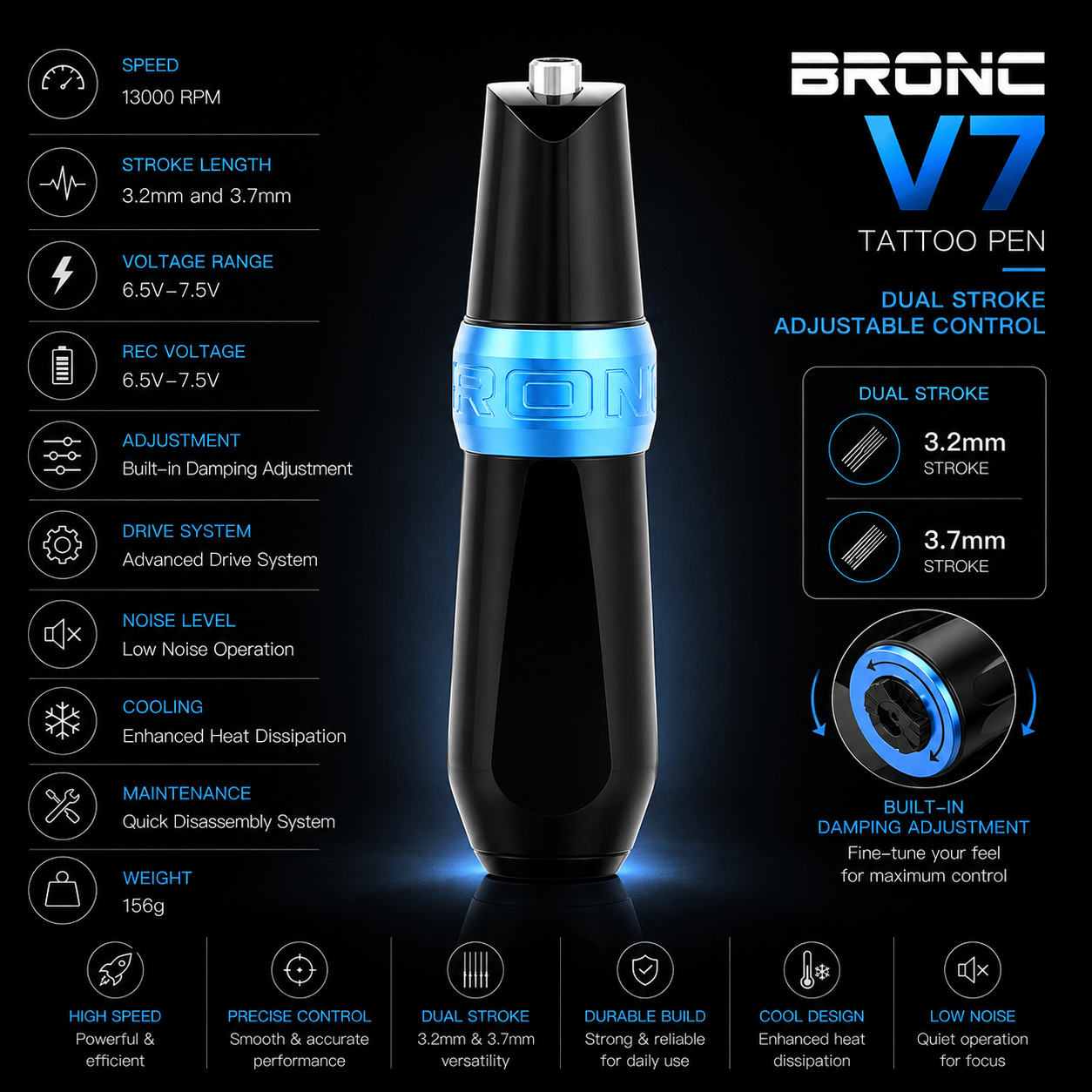BRONC V7 Tattoo Pen Dual Stroke Adjustable Control BRONC V7 Tattoo Pen Dual Stroke Adjustable Control Swiss Motor Machine