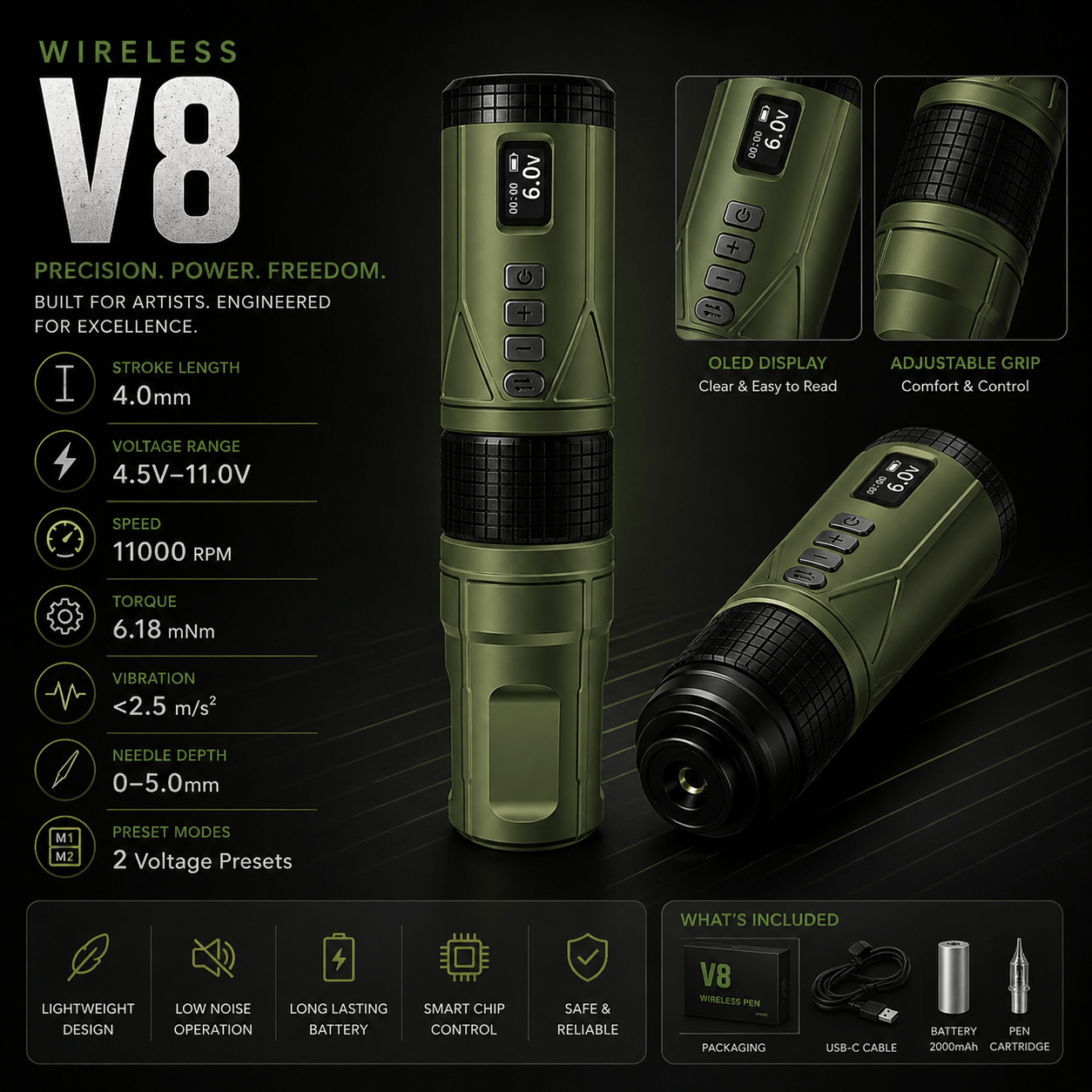 BRONC V8 Wireless Tattoo Pen 4.0mm Stroke BRONC V8 Wireless Tattoo Pen 4.0mm Stroke Strong Power Machine
