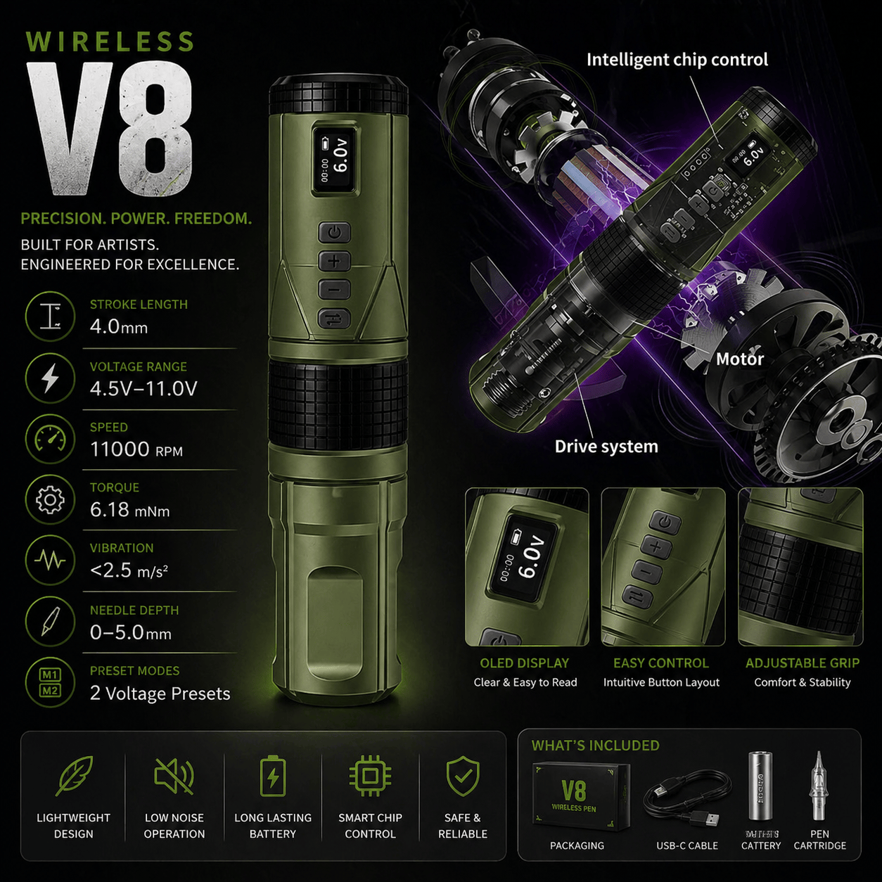 BRONC V8 Wireless Tattoo Pen 4.0mm Stroke BRONC V8 Wireless Tattoo Pen 4.0mm Stroke Strong Power Machine