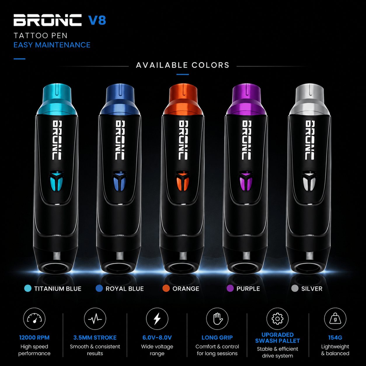 BRONC V8 Tattoo Pen Easy Maintenance BRONC V8 Tattoo Pen Easy Maintenance Long Grip Swiss Motor Machine