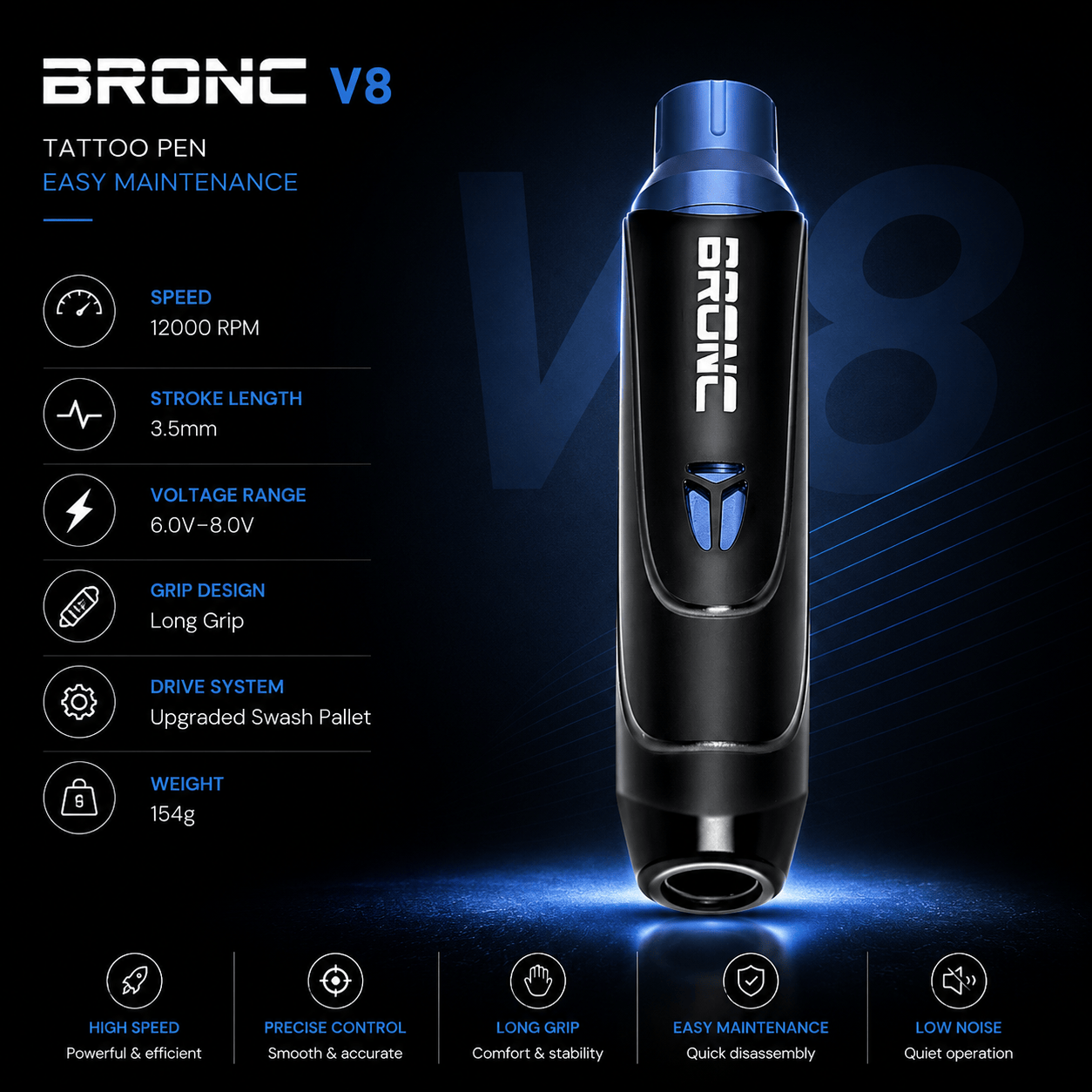 BRONC V8 Tattoo Pen Easy Maintenance BRONC V8 Tattoo Pen Easy Maintenance Long Grip Swiss Motor Machine