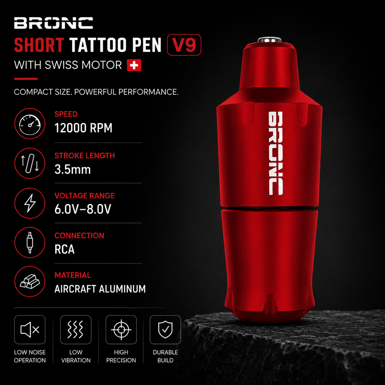 Bronc Short Tattoo Pen V9 With Swiss Motor BRONC V9 Tattoo Pen Compact RCA Machine Swiss Motor Professional