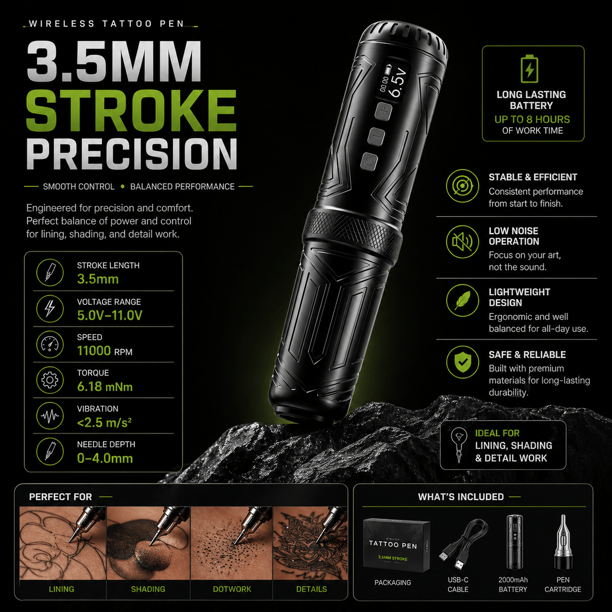 BRONC Wireless Tattoo Pen 3.5mm Stroke Balanced Machine BRONC Wireless Tattoo Pen 3.5mm Stroke Balanced Performance Machine