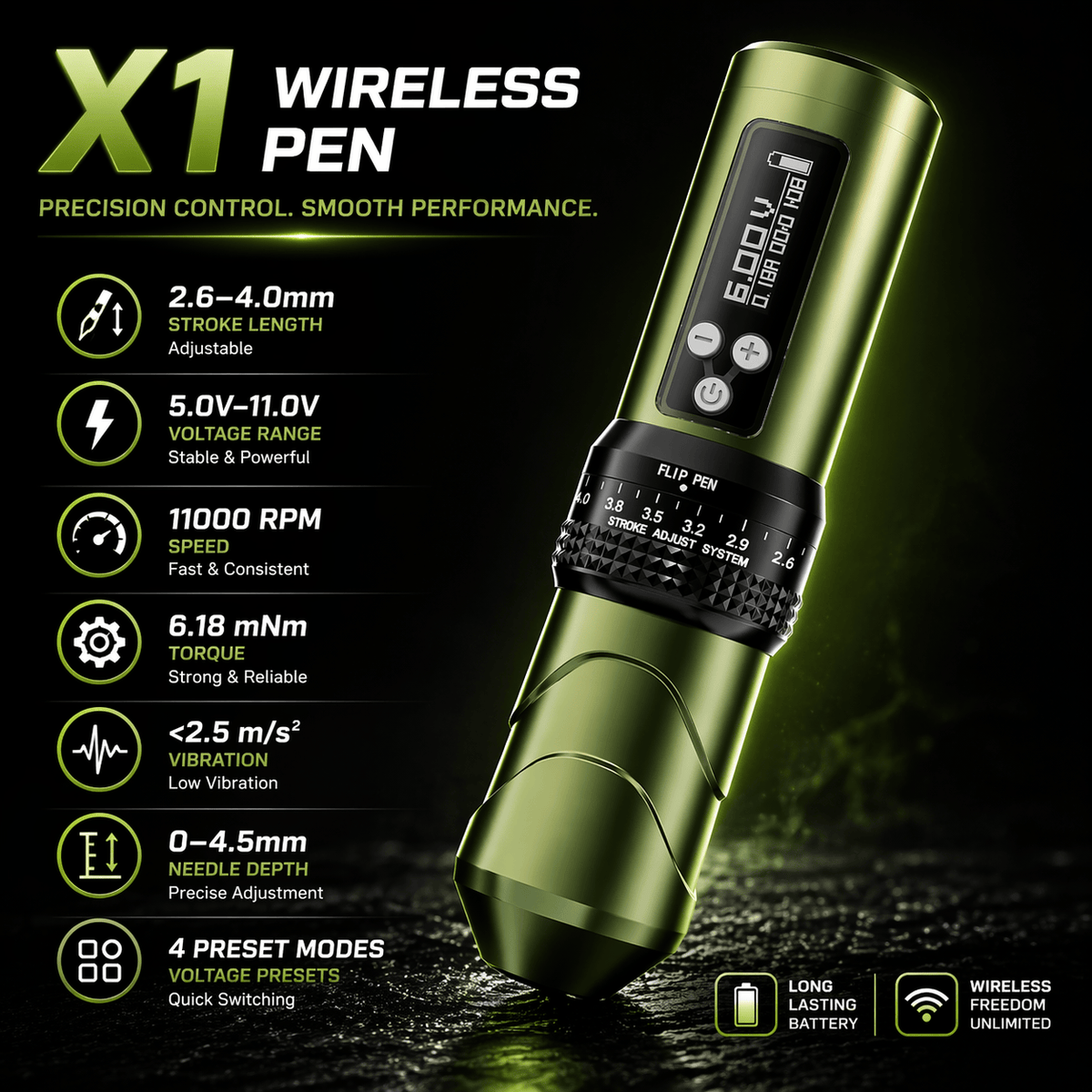 BRONC X1 Wireless Tattoo Pen Adjustable Stroke Professional