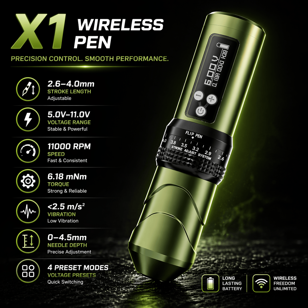 Bronc X1 Adjustable Wireless Tattoo Pen – Professional Tattoo Machine BRONC X1 Wireless Tattoo Pen Adjustable Stroke Professional Machine