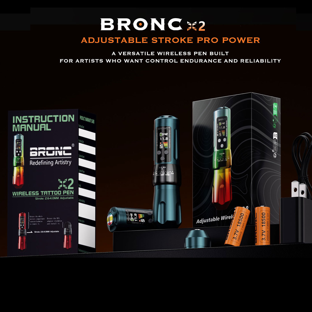 BRONC X2 wireless tattoo pen set with packaging, pen, and batteries on a black background