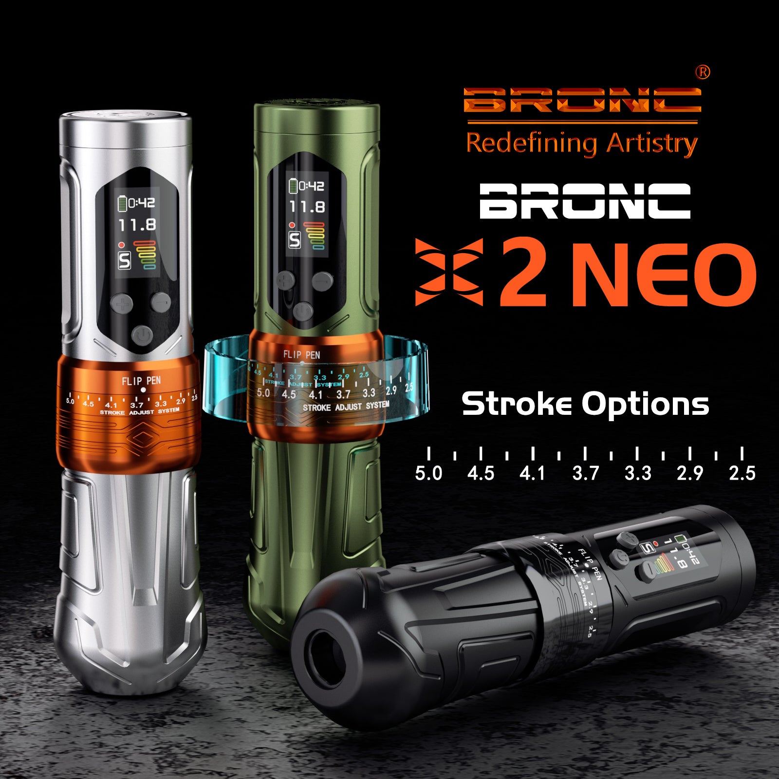 Bronc X2 Neo vape device with different color options on a dark background