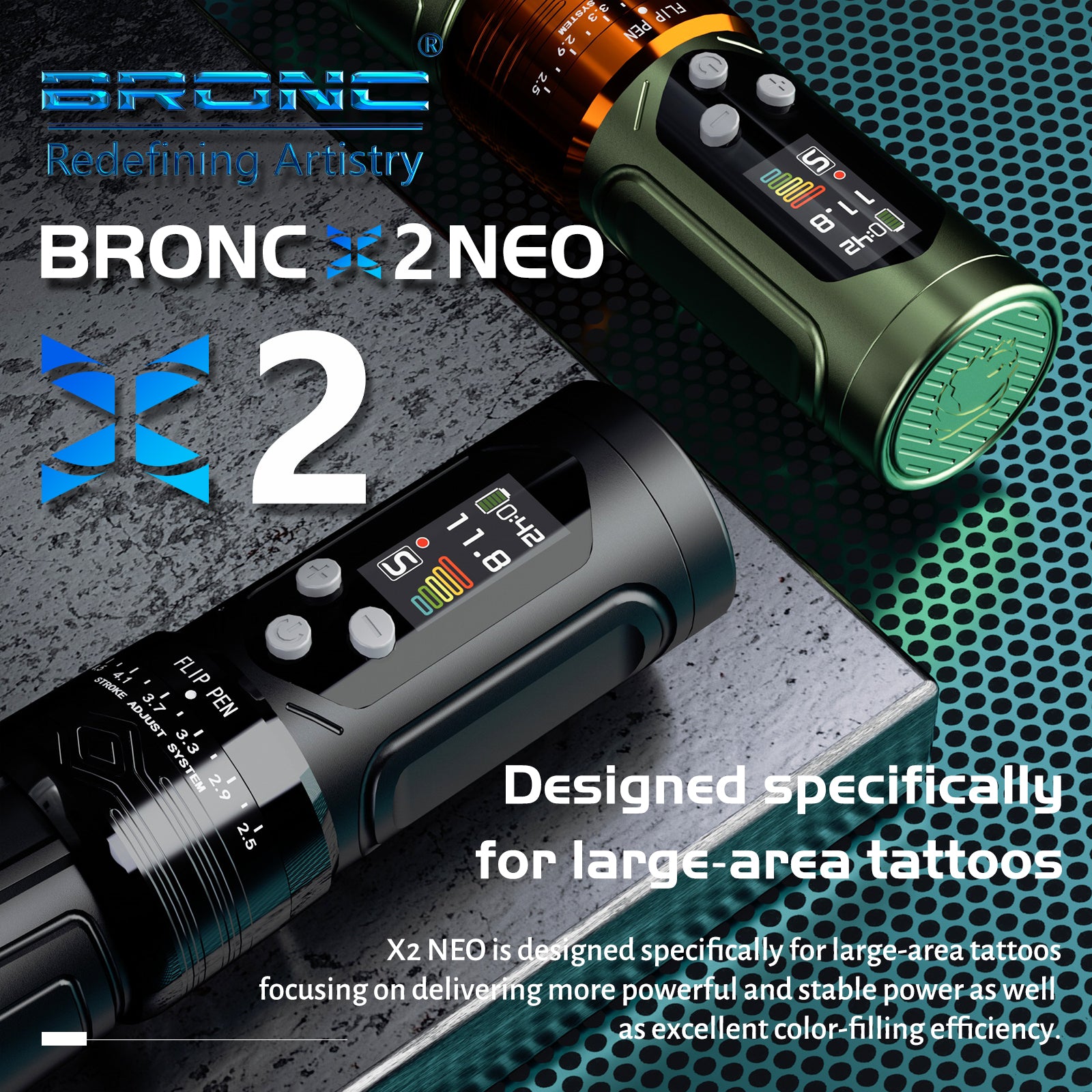 BRONC X2 NEO tattoo machine on a textured surface with branding and product description text.